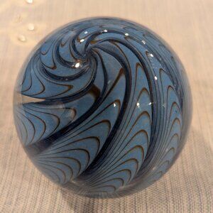 Wheaton Village Blue and Orange Swirl Stamped Paperweight 3 inch